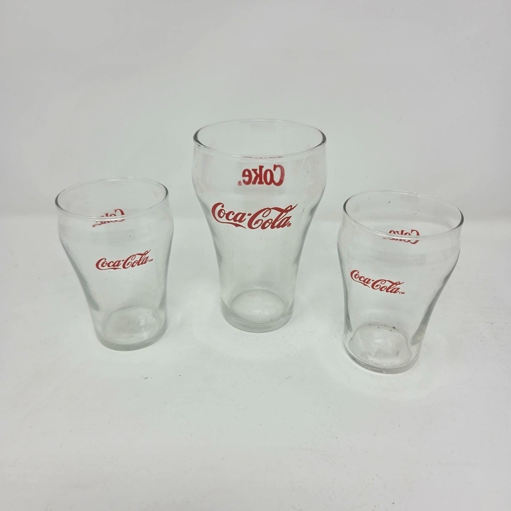 Set of 3 Vintage Coca Cola Glasses Clear Red Script 1 Large & 2 Small